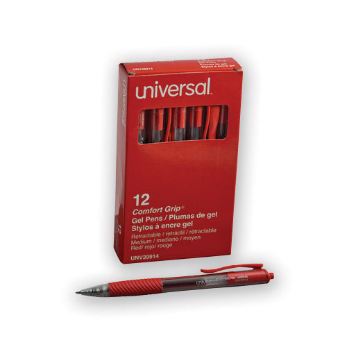 Universal™ wholesale. UNIVERSAL® Comfort Grip Retractable Gel Pen, 0.7mm, Red Ink, Translucent Red Barrel, Dozen. HSD Wholesale: Janitorial Supplies, Breakroom Supplies, Office Supplies.