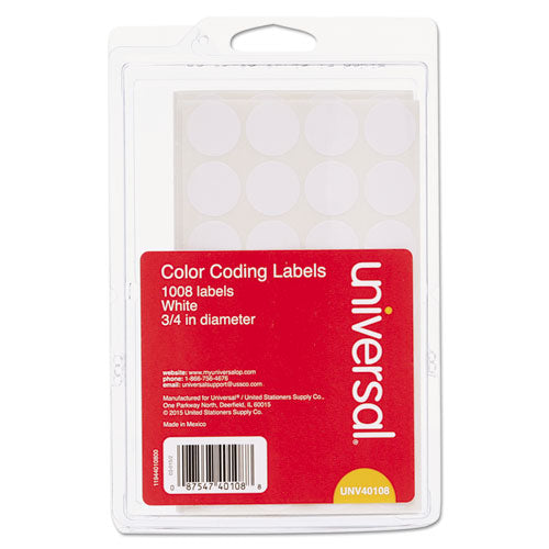 Universal® wholesale. UNIVERSAL® Self-adhesive Removable Color-coding Labels, 0.75" Dia., White, 28-sheet, 36 Sheets-pack. HSD Wholesale: Janitorial Supplies, Breakroom Supplies, Office Supplies.