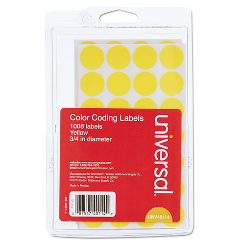 Universal® wholesale. UNIVERSAL® Self-adhesive Removable Color-coding Labels, 0.75" Dia., Yellow, 28-sheet, 36 Sheets-pack. HSD Wholesale: Janitorial Supplies, Breakroom Supplies, Office Supplies.