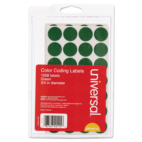 Universal® wholesale. UNIVERSAL® Self-adhesive Removable Color-coding Labels, 0.75" Dia., Green, 28-sheet, 36 Sheets-pack. HSD Wholesale: Janitorial Supplies, Breakroom Supplies, Office Supplies.