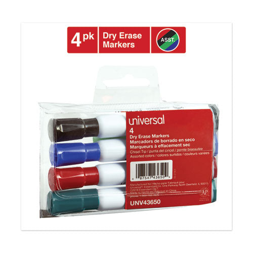 Universal™ wholesale. UNIVERSAL® Dry Erase Marker, Broad Chisel Tip, Assorted Colors, 4-set. HSD Wholesale: Janitorial Supplies, Breakroom Supplies, Office Supplies.