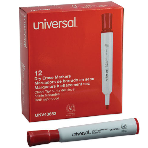 Universal™ wholesale. UNIVERSAL® Dry Erase Marker, Broad Chisel Tip, Red, Dozen. HSD Wholesale: Janitorial Supplies, Breakroom Supplies, Office Supplies.