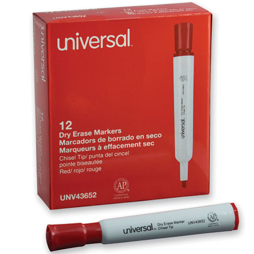 Universal™ wholesale. UNIVERSAL® Dry Erase Marker, Broad Chisel Tip, Red, Dozen. HSD Wholesale: Janitorial Supplies, Breakroom Supplies, Office Supplies.