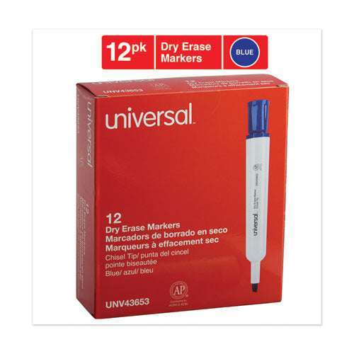 Universal™ wholesale. UNIVERSAL® Dry Erase Marker, Broad Chisel Tip, Blue, Dozen. HSD Wholesale: Janitorial Supplies, Breakroom Supplies, Office Supplies.