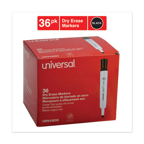 Universal™ wholesale. UNIVERSAL® Dry Erase Marker, Broad Chisel Tip, Black, 36-pack. HSD Wholesale: Janitorial Supplies, Breakroom Supplies, Office Supplies.