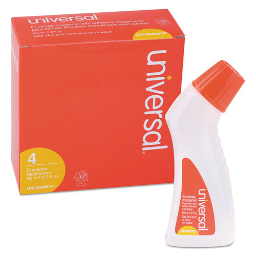 Universal® wholesale. UNIVERSAL® Envelope Moistener With Adhesive, 2.2 Oz Bottle, Clear, 4-pack. HSD Wholesale: Janitorial Supplies, Breakroom Supplies, Office Supplies.