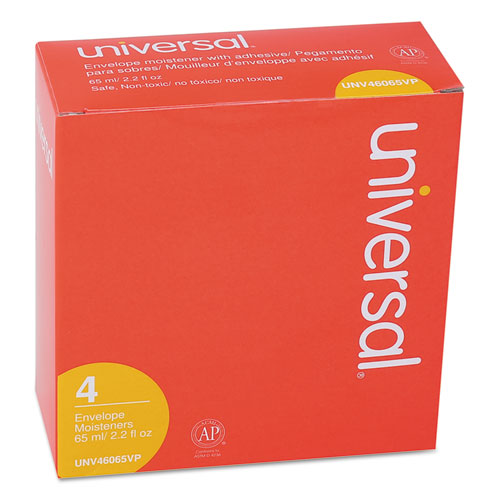 Universal® wholesale. UNIVERSAL® Envelope Moistener With Adhesive, 2.2 Oz Bottle, Clear, 4-pack. HSD Wholesale: Janitorial Supplies, Breakroom Supplies, Office Supplies.