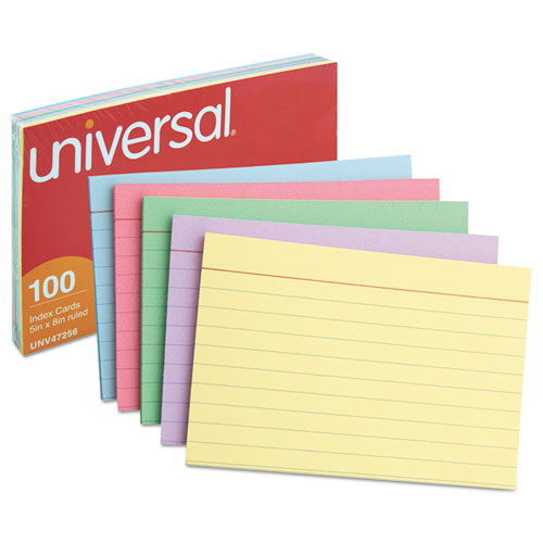 Universal® wholesale. UNIVERSAL® Index Cards, 5 X 8, Blue-salmon-green-cherry-canary, 100-pack. HSD Wholesale: Janitorial Supplies, Breakroom Supplies, Office Supplies.