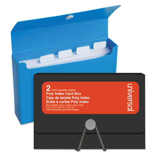 Universal® wholesale. UNIVERSAL® Poly Index Card Box, Plastic, Black-blue, 3" X 1.33" X 5", 2-pack. HSD Wholesale: Janitorial Supplies, Breakroom Supplies, Office Supplies.