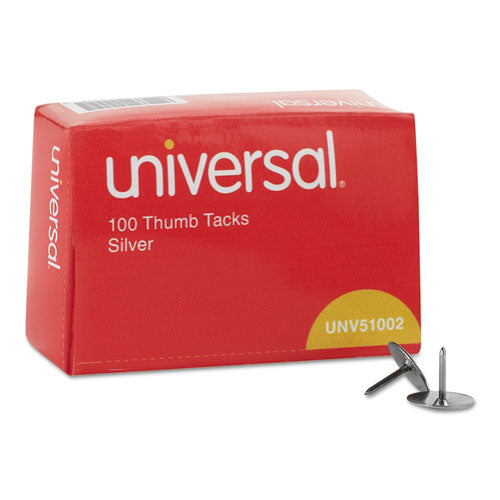 Universal® wholesale. UNIVERSAL® Thumb Tacks, Steel, Silver, 5-16", 100-box. HSD Wholesale: Janitorial Supplies, Breakroom Supplies, Office Supplies.