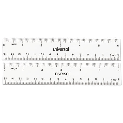 Universal® wholesale. UNIVERSAL® Clear Plastic Ruler, Standard-metric, 6", 2-pack. HSD Wholesale: Janitorial Supplies, Breakroom Supplies, Office Supplies.