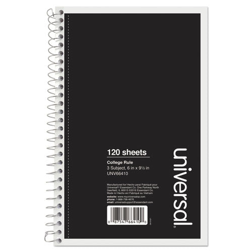 Universal® wholesale. UNIVERSAL® Wirebound Notebook, 3 Subjects, Medium-college Rule, Black Cover, 9.5 X 6, 120 Sheets. HSD Wholesale: Janitorial Supplies, Breakroom Supplies, Office Supplies.