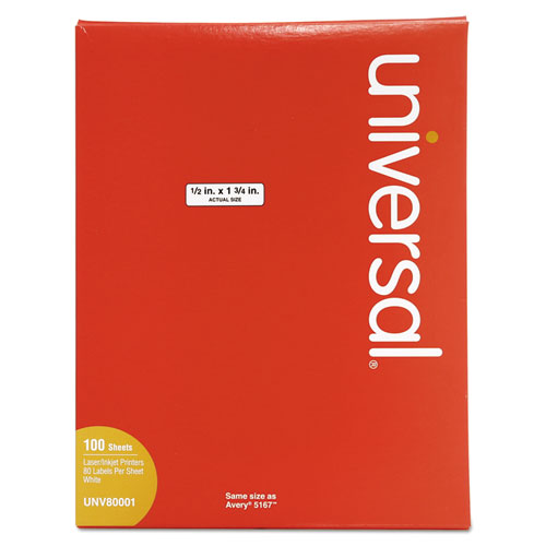 Universal® wholesale. UNIVERSAL® White Labels, Inkjet-laser Printers, 0.5 X 1.75, White, 80-sheet, 100 Sheets-box. HSD Wholesale: Janitorial Supplies, Breakroom Supplies, Office Supplies.