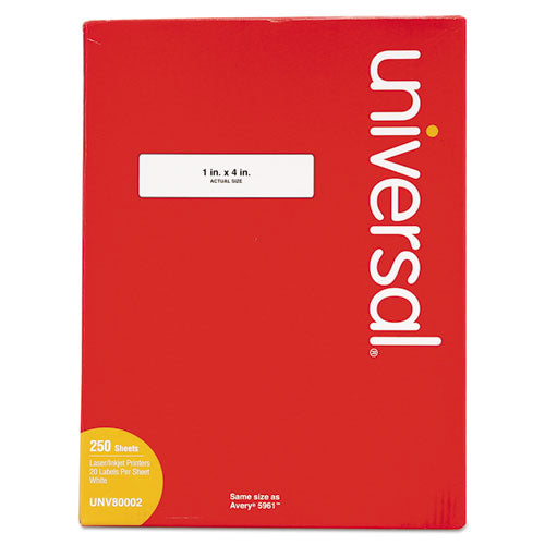 Universal® wholesale. UNIVERSAL® White Labels, Inkjet-laser Printers, 1 X 4, White, 20-sheet, 250 Sheets-box. HSD Wholesale: Janitorial Supplies, Breakroom Supplies, Office Supplies.