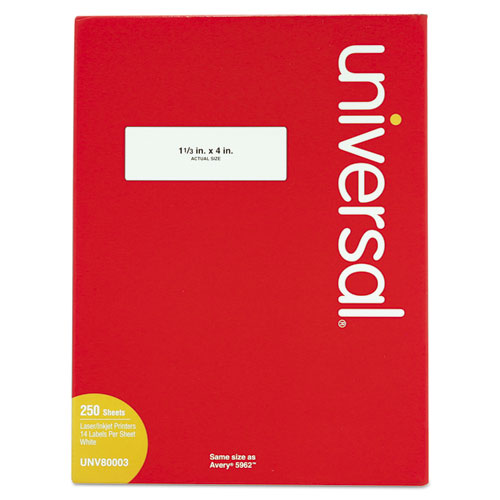 Universal® wholesale. White Labels, Inkjet-laser Printers, 1.33 X 4, White, 14-sheet, 250 Sheets-box. HSD Wholesale: Janitorial Supplies, Breakroom Supplies, Office Supplies.