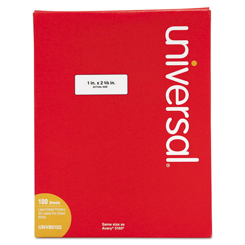 Universal® wholesale. UNIVERSAL® White Labels, Inkjet-laser Printers, 1 X 2.63, White, 30-sheet, 100 Sheets-box. HSD Wholesale: Janitorial Supplies, Breakroom Supplies, Office Supplies.