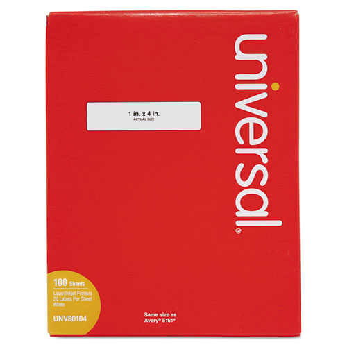 Universal® wholesale. UNIVERSAL® White Labels, Inkjet-laser Printers, 1 X 4, White, 20-sheet, 100 Sheets-box. HSD Wholesale: Janitorial Supplies, Breakroom Supplies, Office Supplies.