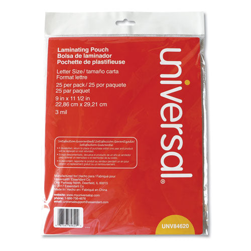 Universal® wholesale. UNIVERSAL® Laminating Pouches, 3 Mil, 9" X 11.5", Matte Clear, 25-pack. HSD Wholesale: Janitorial Supplies, Breakroom Supplies, Office Supplies.