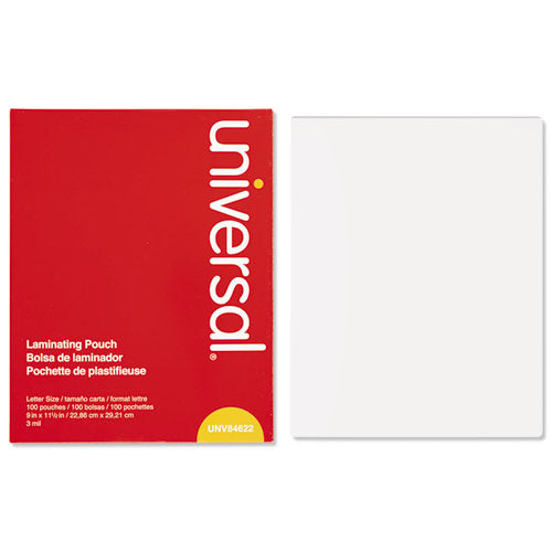 Universal® wholesale. UNIVERSAL® Laminating Pouches, 3 Mil, 9" X 11.5", Matte Clear, 100-box. HSD Wholesale: Janitorial Supplies, Breakroom Supplies, Office Supplies.