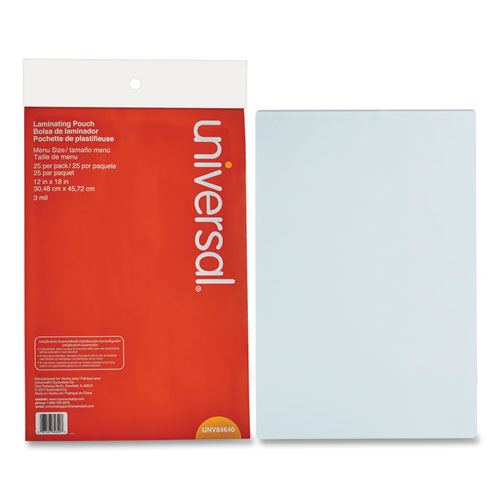 Universal® wholesale. UNIVERSAL® Laminating Pouches, 3 Mil, 18" X 12", Matte Clear, 25-pack. HSD Wholesale: Janitorial Supplies, Breakroom Supplies, Office Supplies.