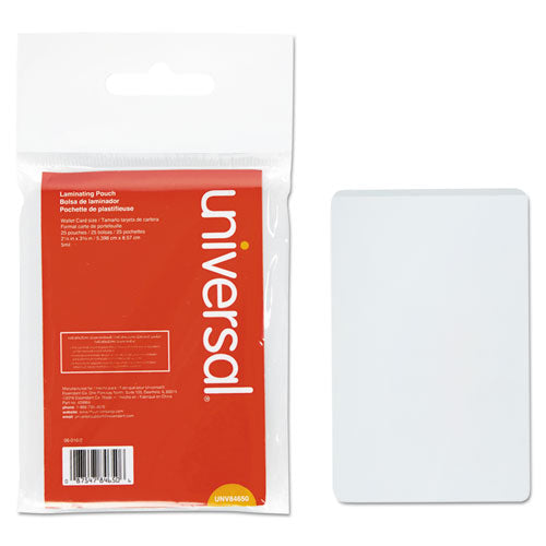 Universal® wholesale. UNIVERSAL® Laminating Pouches, 5 Mil, 2.13" X 3.38", Matte Clear, 25-pack. HSD Wholesale: Janitorial Supplies, Breakroom Supplies, Office Supplies.