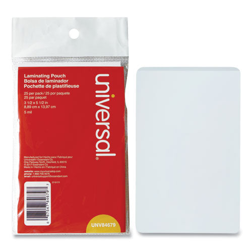 Universal® wholesale. UNIVERSAL® Laminating Pouches, 5 Mil, 5.5" X 3.5", Matte Clear, 25-pack. HSD Wholesale: Janitorial Supplies, Breakroom Supplies, Office Supplies.