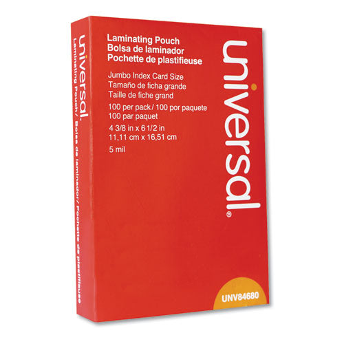 Universal® wholesale. UNIVERSAL® Laminating Pouches, 5 Mil, 6.5" X 4.38", Crystal Clear, 100-box. HSD Wholesale: Janitorial Supplies, Breakroom Supplies, Office Supplies.