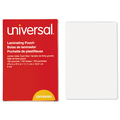 Universal® wholesale. UNIVERSAL® Laminating Pouches, 5 Mil, 6.5" X 4.38", Crystal Clear, 100-box. HSD Wholesale: Janitorial Supplies, Breakroom Supplies, Office Supplies.