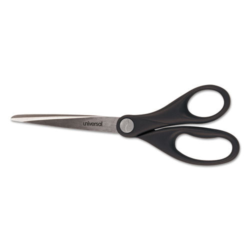 Universal® wholesale. UNIVERSAL® Stainless Steel Office Scissors, Pointed Tip, 7" Long, 3" Cut Length, Black Straight Handle. HSD Wholesale: Janitorial Supplies, Breakroom Supplies, Office Supplies.