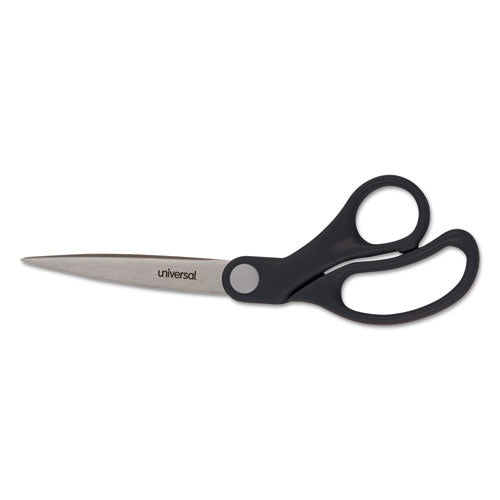 Universal® wholesale. UNIVERSAL® Stainless Steel Office Scissors, 8.5" Long, 3.75" Cut Length, Black Offset Handle. HSD Wholesale: Janitorial Supplies, Breakroom Supplies, Office Supplies.