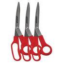Universal® wholesale. UNIVERSAL® General Purpose Stainless Steel Scissors, 7.75" Long, 3" Cut Length, Red Offset Handles, 3-pack. HSD Wholesale: Janitorial Supplies, Breakroom Supplies, Office Supplies.