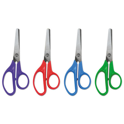Universal® wholesale. UNIVERSAL® Kids' Scissors, Rounded Tip, 5" Long, 1.75" Cut Length, Assorted Straight Handles, 12-pack. HSD Wholesale: Janitorial Supplies, Breakroom Supplies, Office Supplies.