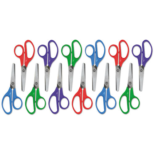 Universal® wholesale. UNIVERSAL® Kids' Scissors, Rounded Tip, 5" Long, 1.75" Cut Length, Assorted Straight Handles, 12-pack. HSD Wholesale: Janitorial Supplies, Breakroom Supplies, Office Supplies.