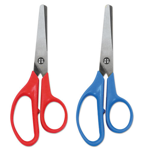 Universal® wholesale. UNIVERSAL® Kids' Scissors, Rounded Tip, 5" Long, 1.75" Cut Length, Assorted Straight Handles, 2-pack. HSD Wholesale: Janitorial Supplies, Breakroom Supplies, Office Supplies.