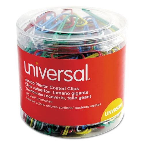 Universal® wholesale. UNIVERSAL® Plastic-coated Paper Clips, Jumbo, Assorted Colors, 250-pack. HSD Wholesale: Janitorial Supplies, Breakroom Supplies, Office Supplies.