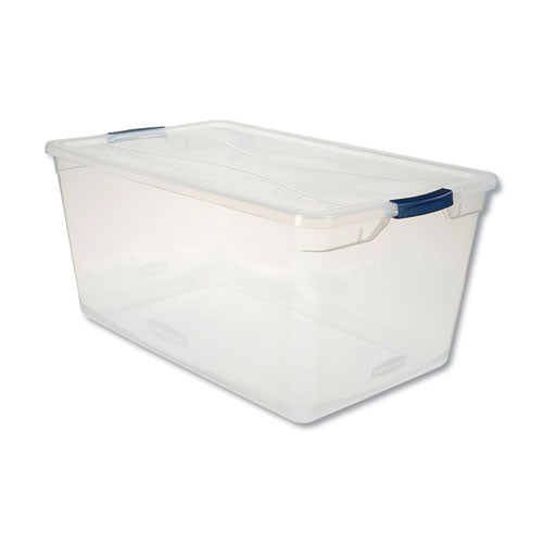 Rubbermaid® wholesale. Rubbermaid® Clever Store Basic Latch-lid Container, 95 Qt, 17.75" X 29" X 13.25", Clear. HSD Wholesale: Janitorial Supplies, Breakroom Supplies, Office Supplies.