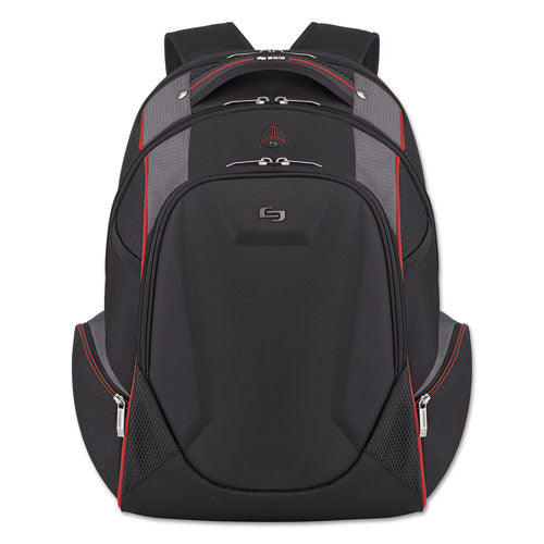 Solo wholesale. Launch Laptop Backpack, 17.3", 12 1-2 X 8 X 19 1-2, Black-gray-red. HSD Wholesale: Janitorial Supplies, Breakroom Supplies, Office Supplies.