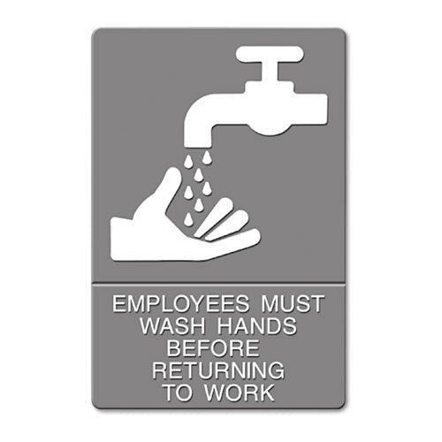 Headline® Sign wholesale. Ada Sign, Employees Must Wash Hands... Tactile Symbol-braille, 6 X 9, Gray. HSD Wholesale: Janitorial Supplies, Breakroom Supplies, Office Supplies.