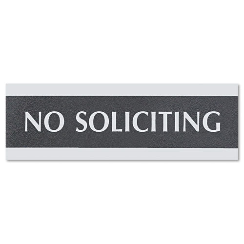 Headline® Sign wholesale. Century Series Office Sign, No Soliciting, 9 X 3, Black-silver. HSD Wholesale: Janitorial Supplies, Breakroom Supplies, Office Supplies.