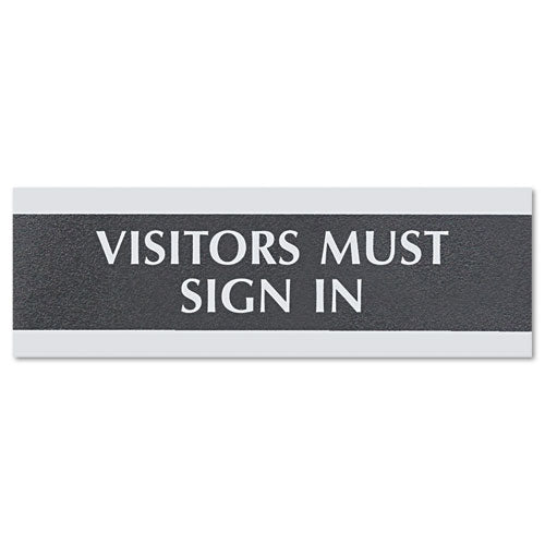 Headline® Sign wholesale. Century Series Office Sign, Visitors Must Sign In, 9 X 3, Black-silver. HSD Wholesale: Janitorial Supplies, Breakroom Supplies, Office Supplies.