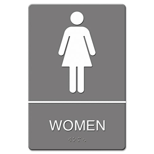 Headline® Sign wholesale. Ada Sign, Women Restroom Symbol W-tactile Graphic, Molded Plastic, 6 X 9, Gray. HSD Wholesale: Janitorial Supplies, Breakroom Supplies, Office Supplies.