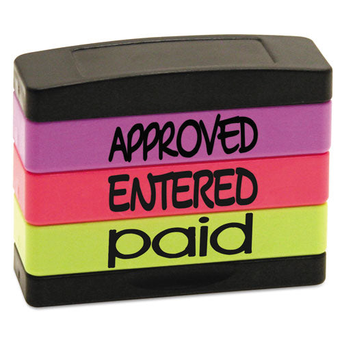 Stack Stamp® wholesale. Stack Stamp, Approved, Entered, Paid, 1 13-16 X 5-8, Assorted Fluorescent Ink. HSD Wholesale: Janitorial Supplies, Breakroom Supplies, Office Supplies.