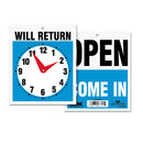 Headline® Sign wholesale. Double-sided Open-will Return Sign W-clock Hands, Plastic, 7 1-2 X 9. HSD Wholesale: Janitorial Supplies, Breakroom Supplies, Office Supplies.