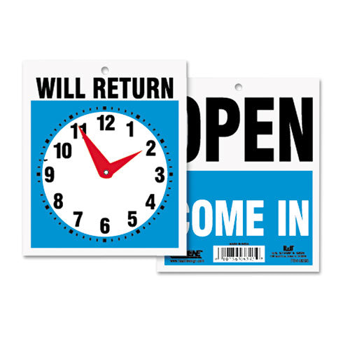 Headline® Sign wholesale. Double-sided Open-will Return Sign W-clock Hands, Plastic, 7 1-2 X 9. HSD Wholesale: Janitorial Supplies, Breakroom Supplies, Office Supplies.