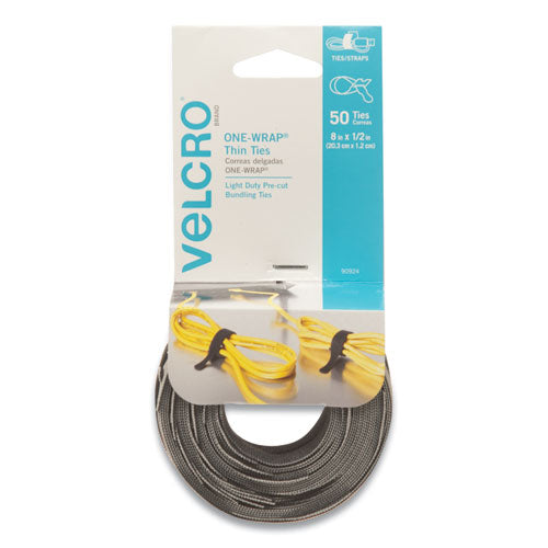 VELCRO® Brand wholesale. One-wrap Pre-cut Thin Ties, 0.5" X 8", Black-gray, 50-pack. HSD Wholesale: Janitorial Supplies, Breakroom Supplies, Office Supplies.