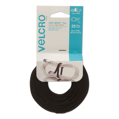 VELCRO® Brand wholesale. One-wrap Pre-cut Thin Ties, 0.25" X 8", Black, 25-pack. HSD Wholesale: Janitorial Supplies, Breakroom Supplies, Office Supplies.