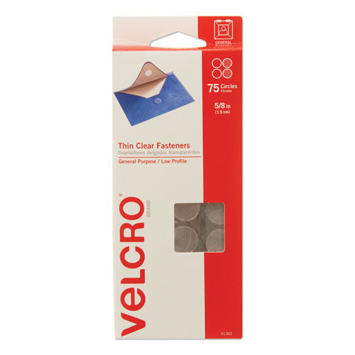 VELCRO® Brand wholesale. Sticky-back Fasteners, Removable Adhesive, 0.63" Dia, Clear, 75-pack. HSD Wholesale: Janitorial Supplies, Breakroom Supplies, Office Supplies.