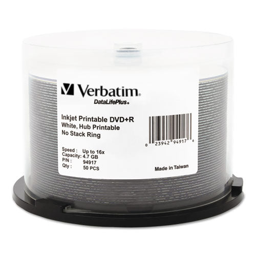Verbatim® wholesale. Inkjet Printable Dvd+r Discs, 4.7gb, 16x, Spindle, White, 50-pack. HSD Wholesale: Janitorial Supplies, Breakroom Supplies, Office Supplies.