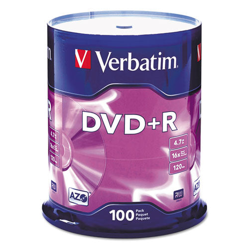 Verbatim® wholesale. Dvd+r Discs, 4.7gb, 16x, Spindle, 100-pack. HSD Wholesale: Janitorial Supplies, Breakroom Supplies, Office Supplies.