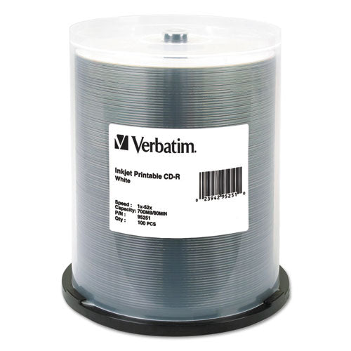 Verbatim® wholesale. Cd-r, 700mb, 52x, White Inkjet Printable, 100-pk Spindle. HSD Wholesale: Janitorial Supplies, Breakroom Supplies, Office Supplies.
